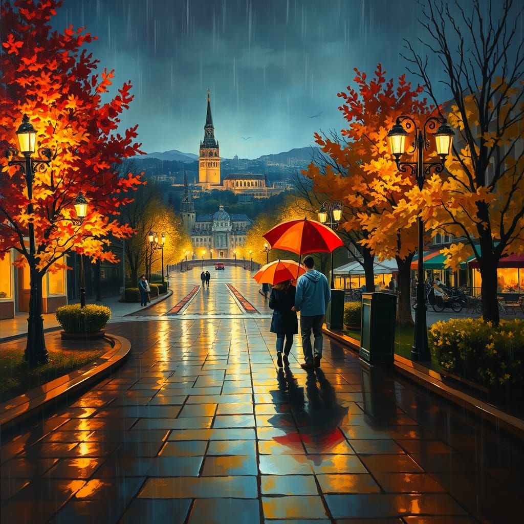 City Square at Night in Impressionist Style