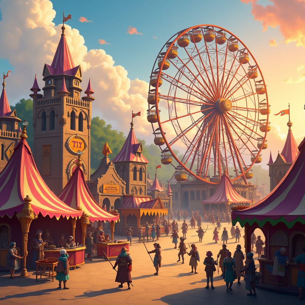 Vibrant Medieval Fairground by Sunset