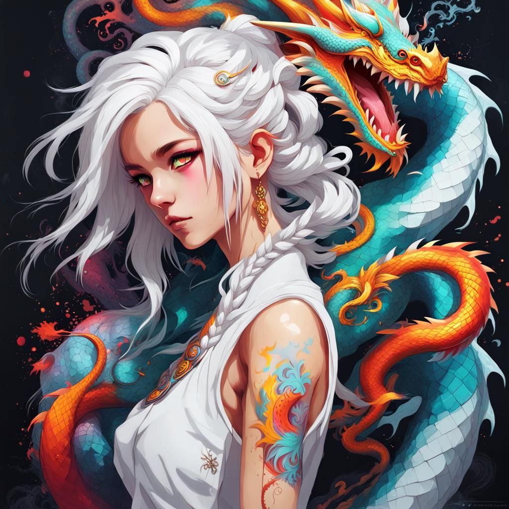Anime Girl with Dragon in Graffiti Art Style