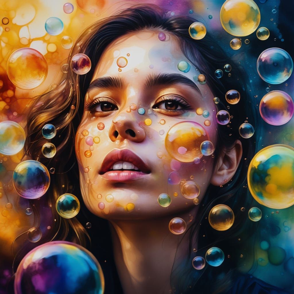 Woman Surrounded by Bubbles in Vibrant Oil Painting