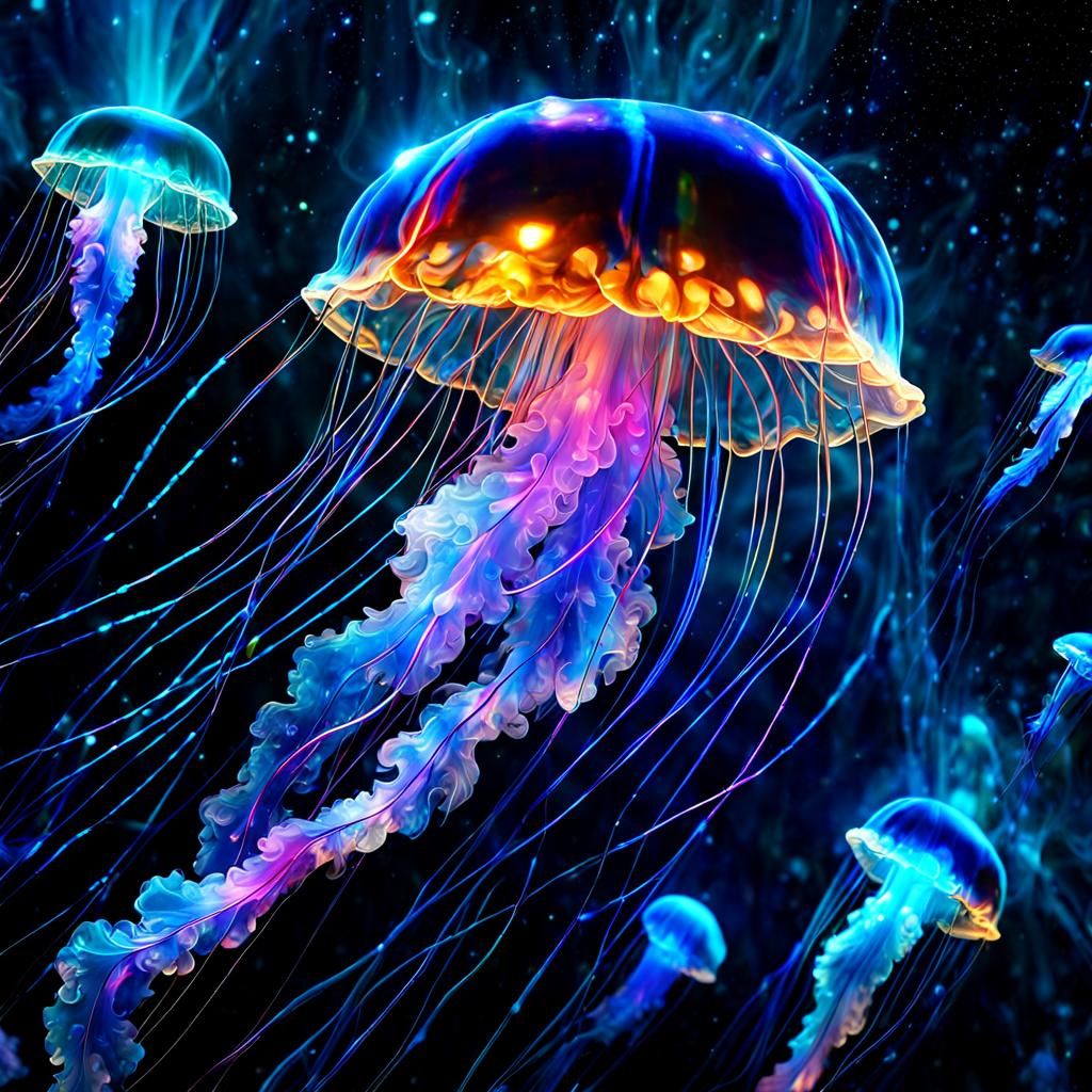Bioluminescent Jellyfish in a Galaxy Night Sky
