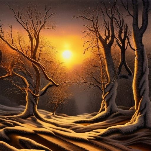 Mystical Winter Mountain Landscape with Steampunk Engine