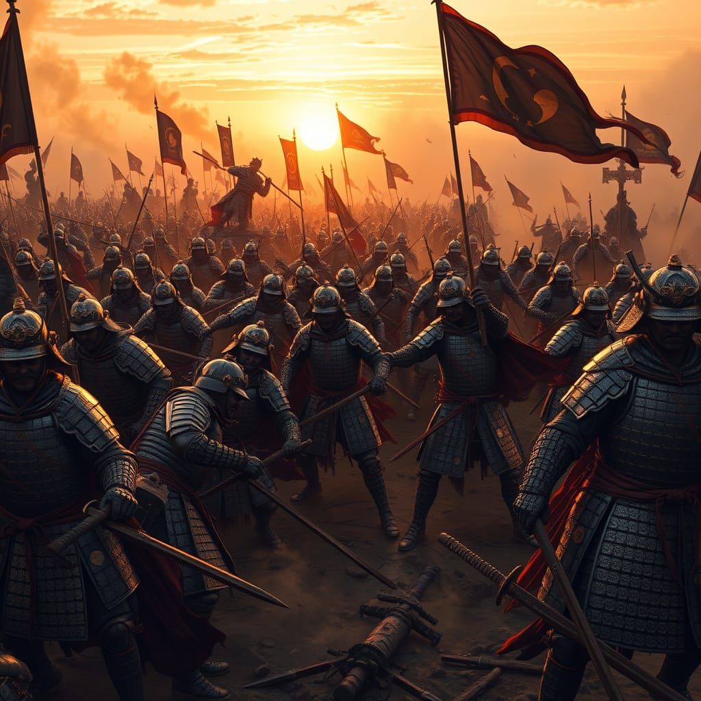 Sekigahara Samurai Clash in Golden Sunset Light