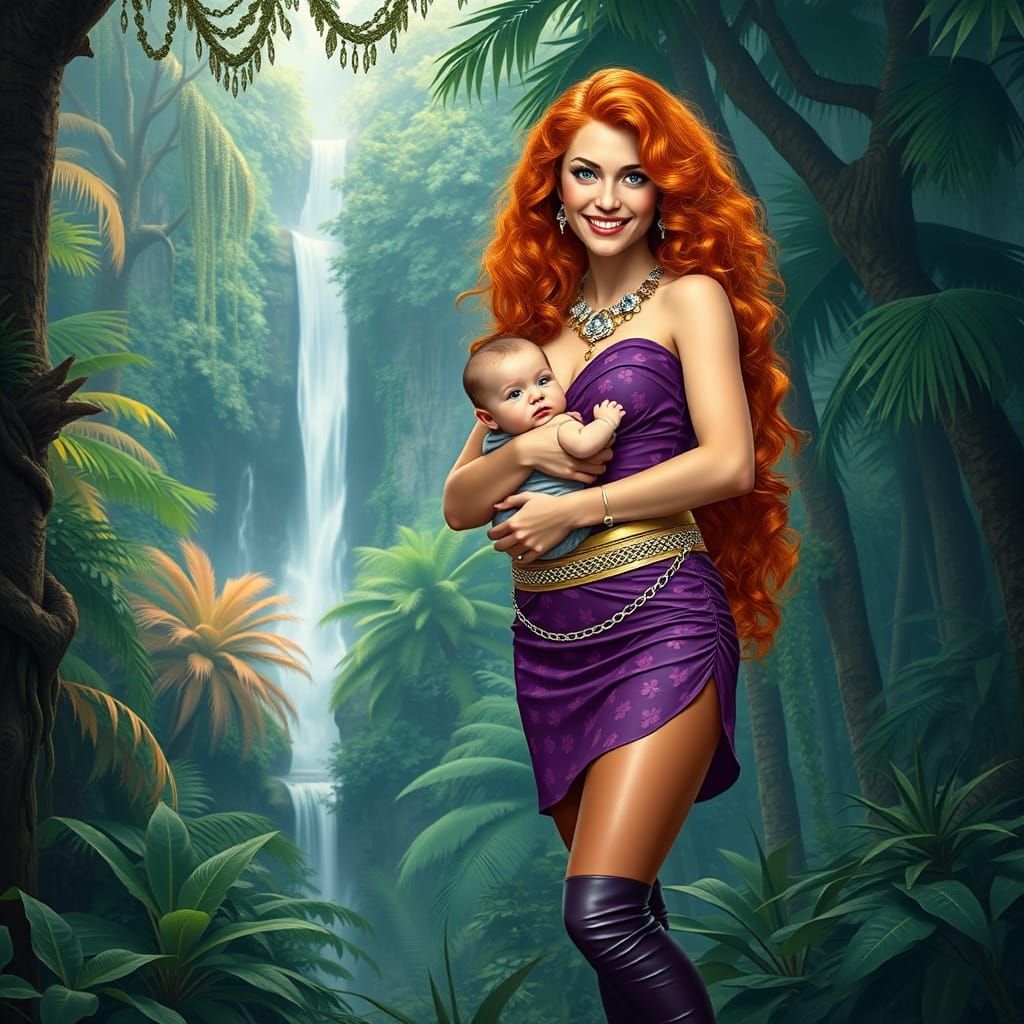 Mother and Baby in Lush Jungle, in Hyperrealistic Style