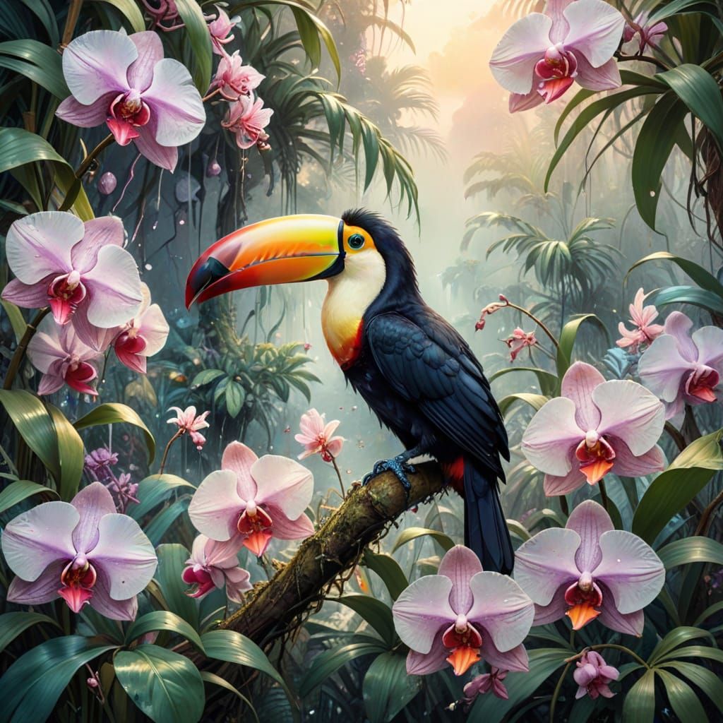 Tropical Monsoon Masterpiece: Vibrant Toucan Amidst Lush Orc...