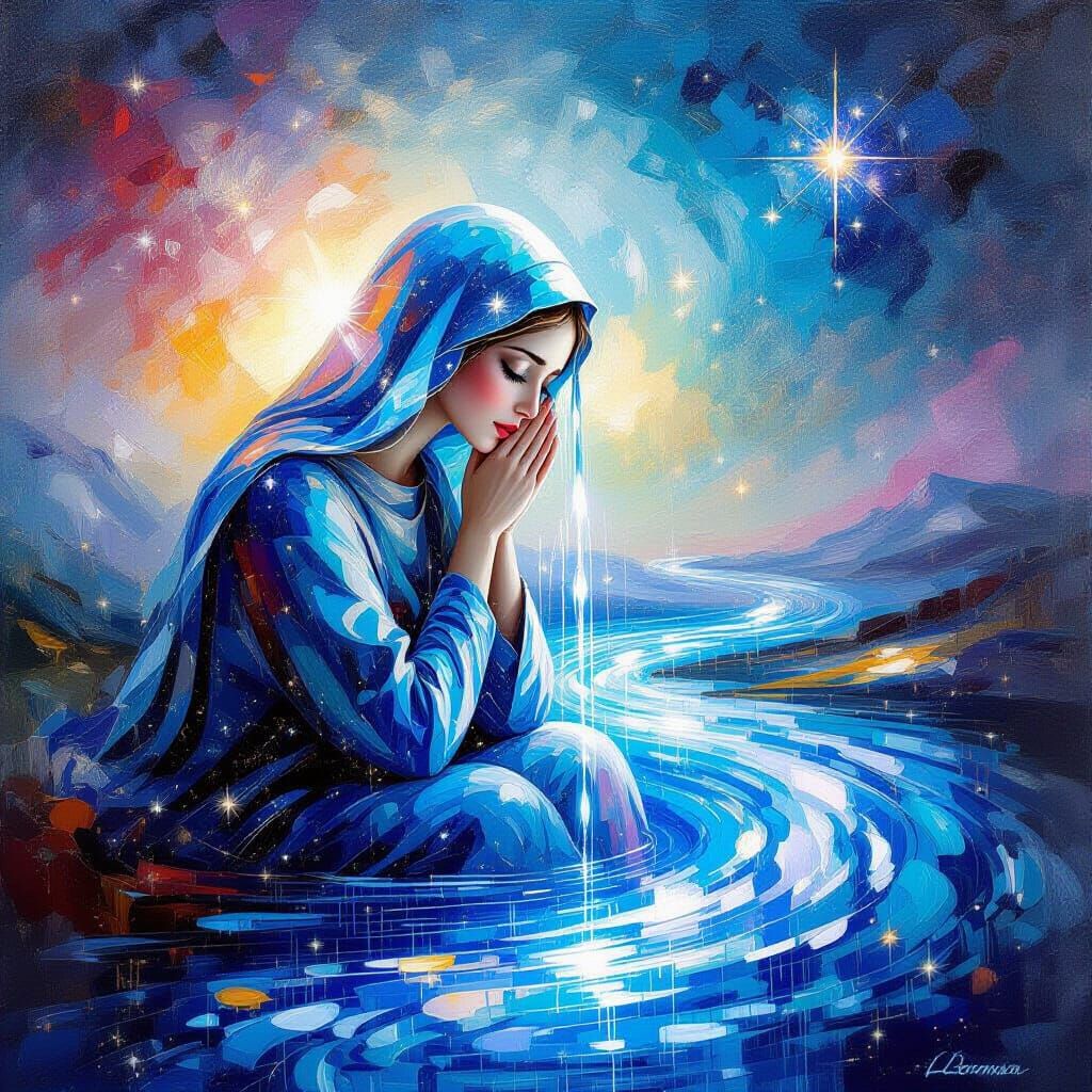 Mother Mary Sheds Cosmic Tears in Luminous Celestial Landsca...