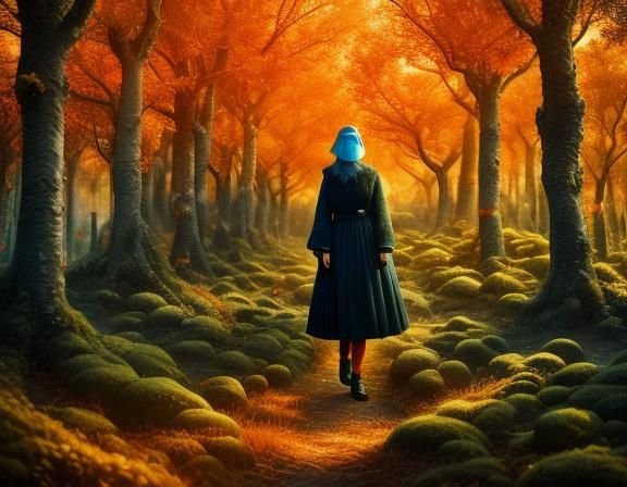 Beautiful Woman in Orange Forest with Colorful Fragments