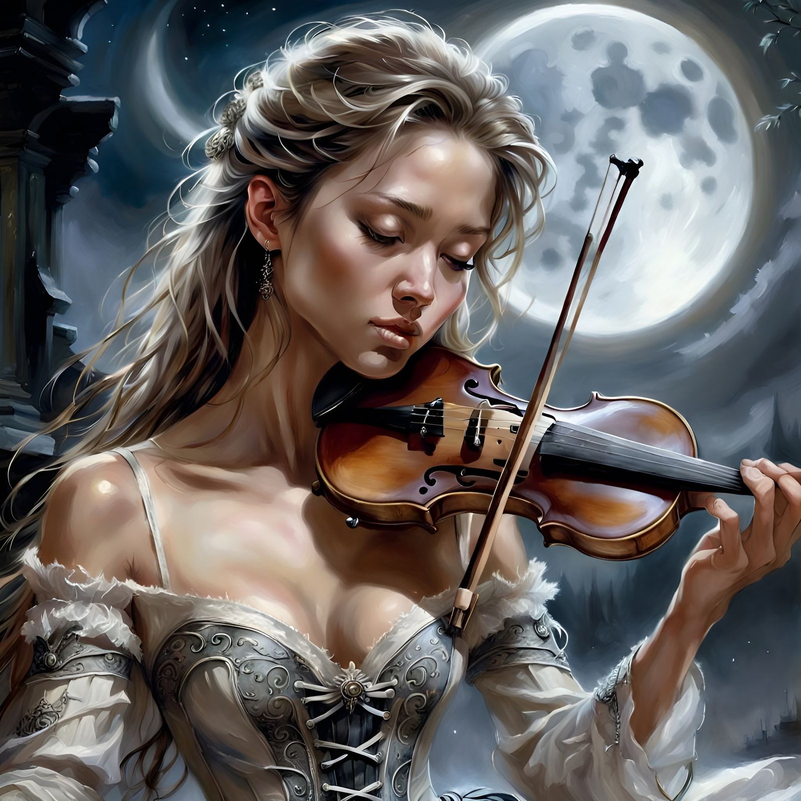 Violinist Plays Magical Melody Under Moonlight: Artstation C...