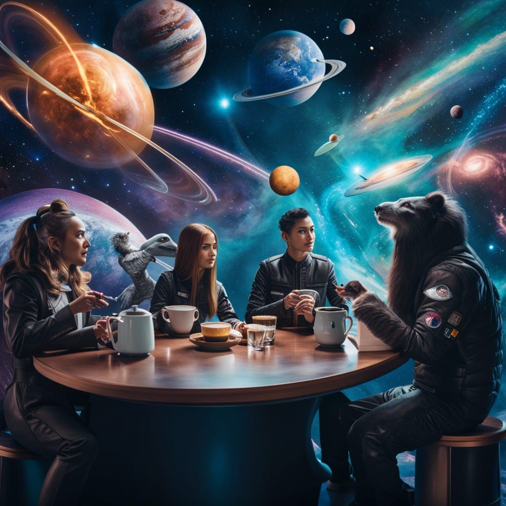 Cosmic Coffee Shop in Space with Alien Baristas