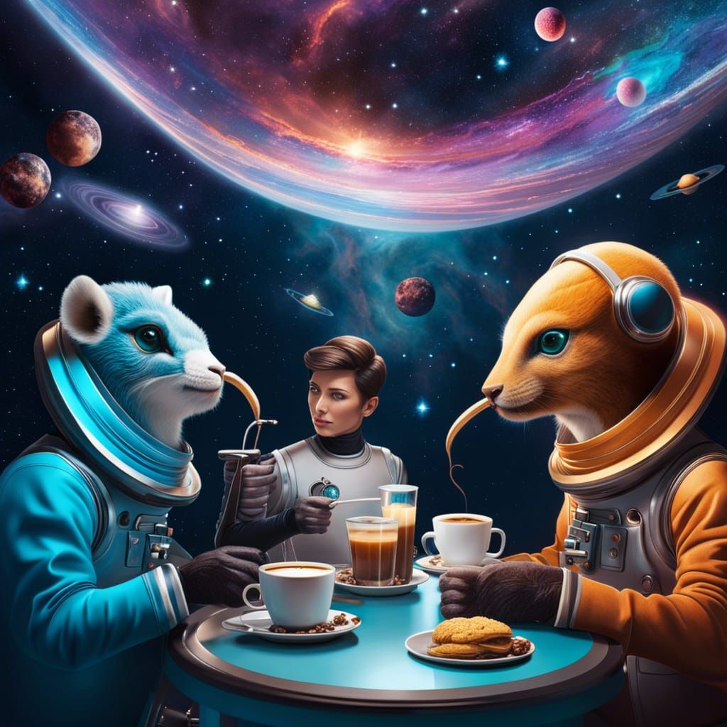 Cosmic Coffee Shop: Nebulae Backdrop, Futuristic Baristas