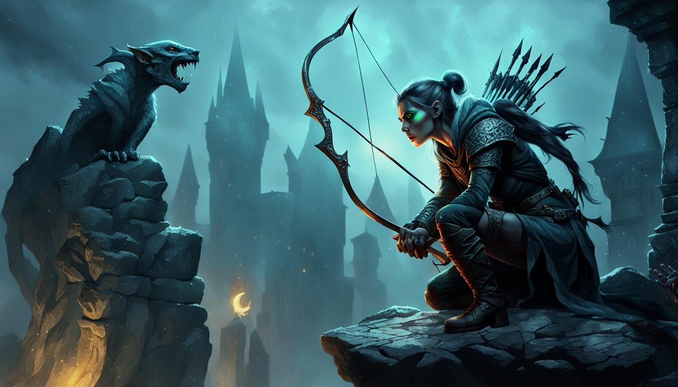 Elven Rogue Aims Enchanted Bow in Dark Fantasy Art