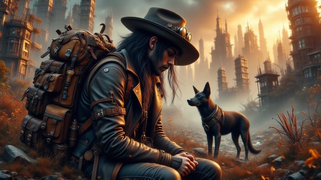 Wanderer Meets Enigmatic Figure in Desolate Cityscape