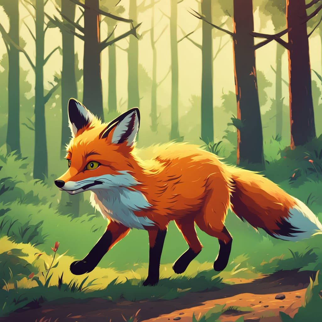 Vibrant Cartoon Fox in a Muted Forest