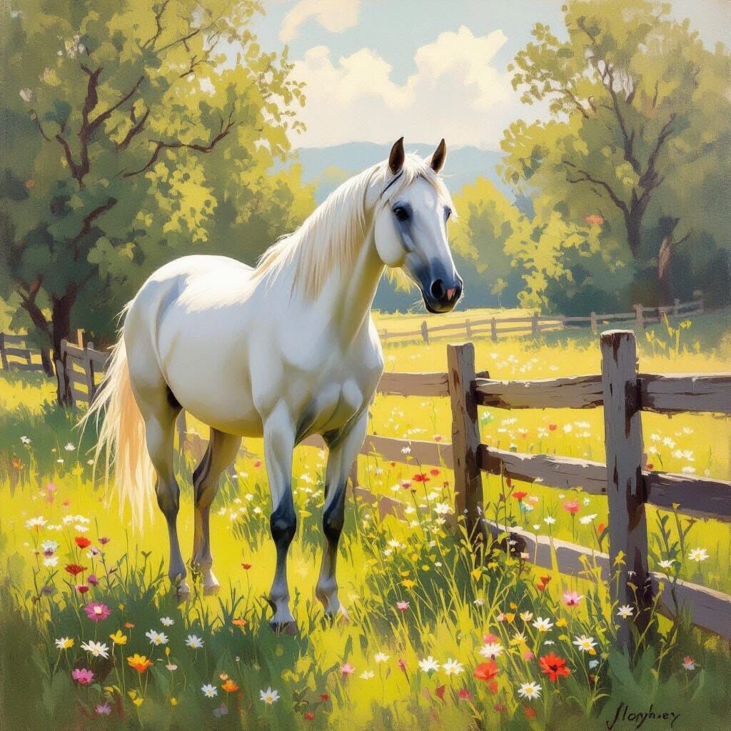 White Horse in Sun-Dappled Meadow, Impressionistic Oil Paint...