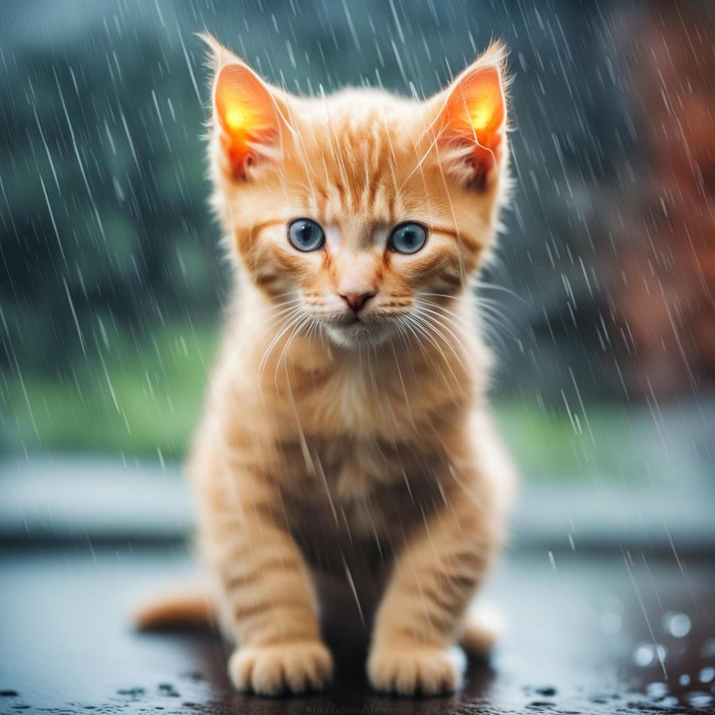 Ginger Kitten in Rain: Double Exposure Effect