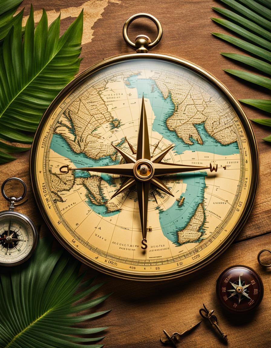 Tropical Island Map with Compass