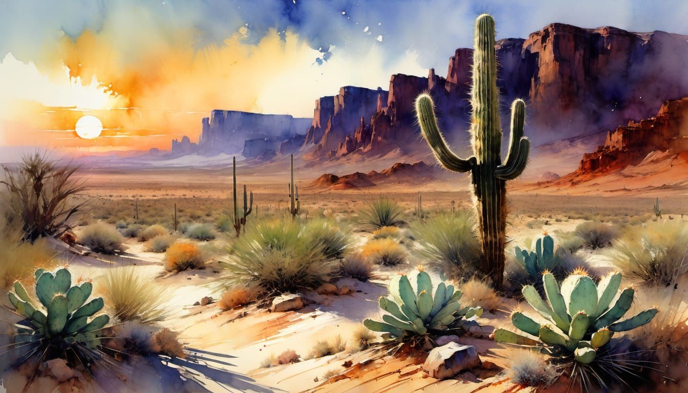Vibrant Desert Sunset with Towering Cactus in Watercolor Sty...