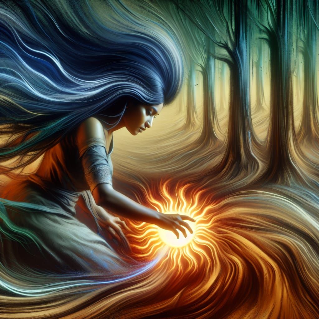 Woman Plants Sun in Warped Forest: Romanticism Style