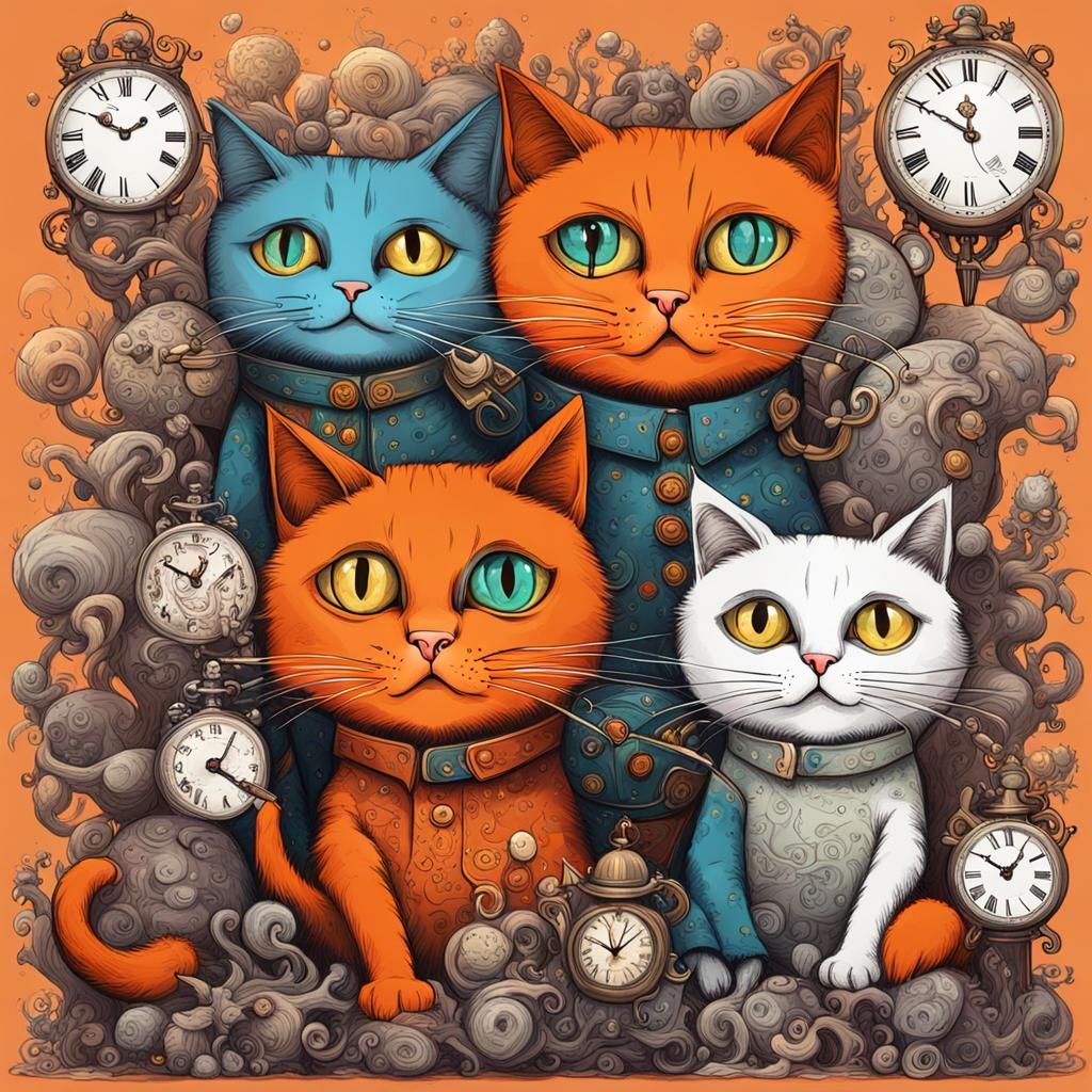 Three-Headed Cat Surrounded by Clocks: Matte Painting