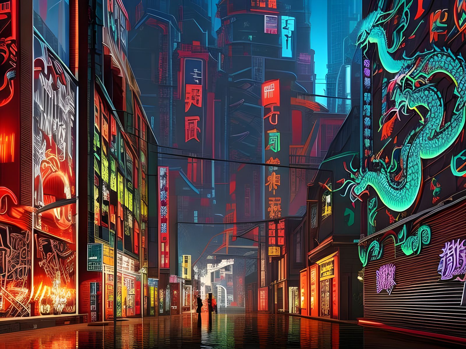 Cyberpunk Chinatown Dragon Graffiti in Neon Lights