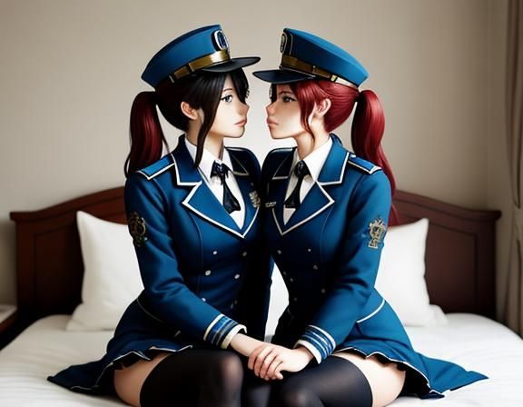 Steampunk Anime Twins Kissing in Bedroom