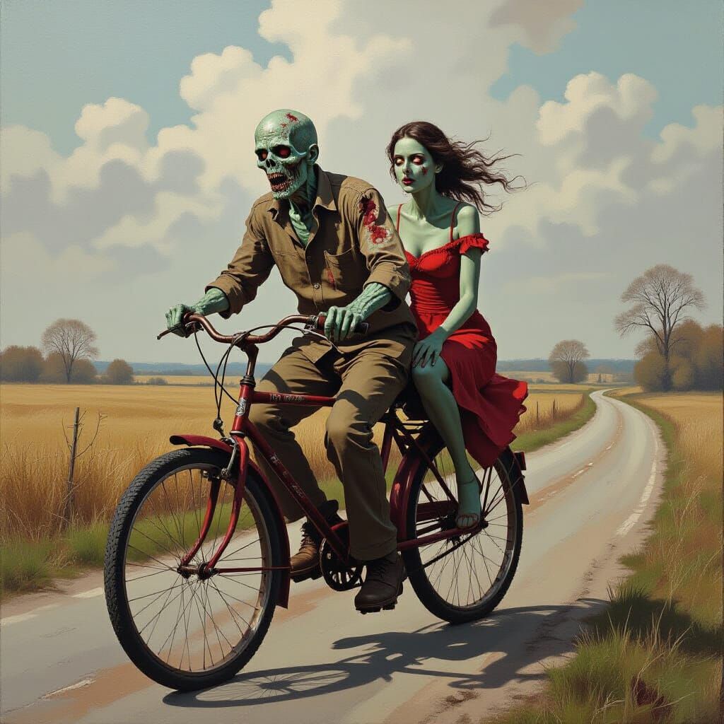 Zombie Couple Cycles Through Desolate Landscape in Oil Paint...