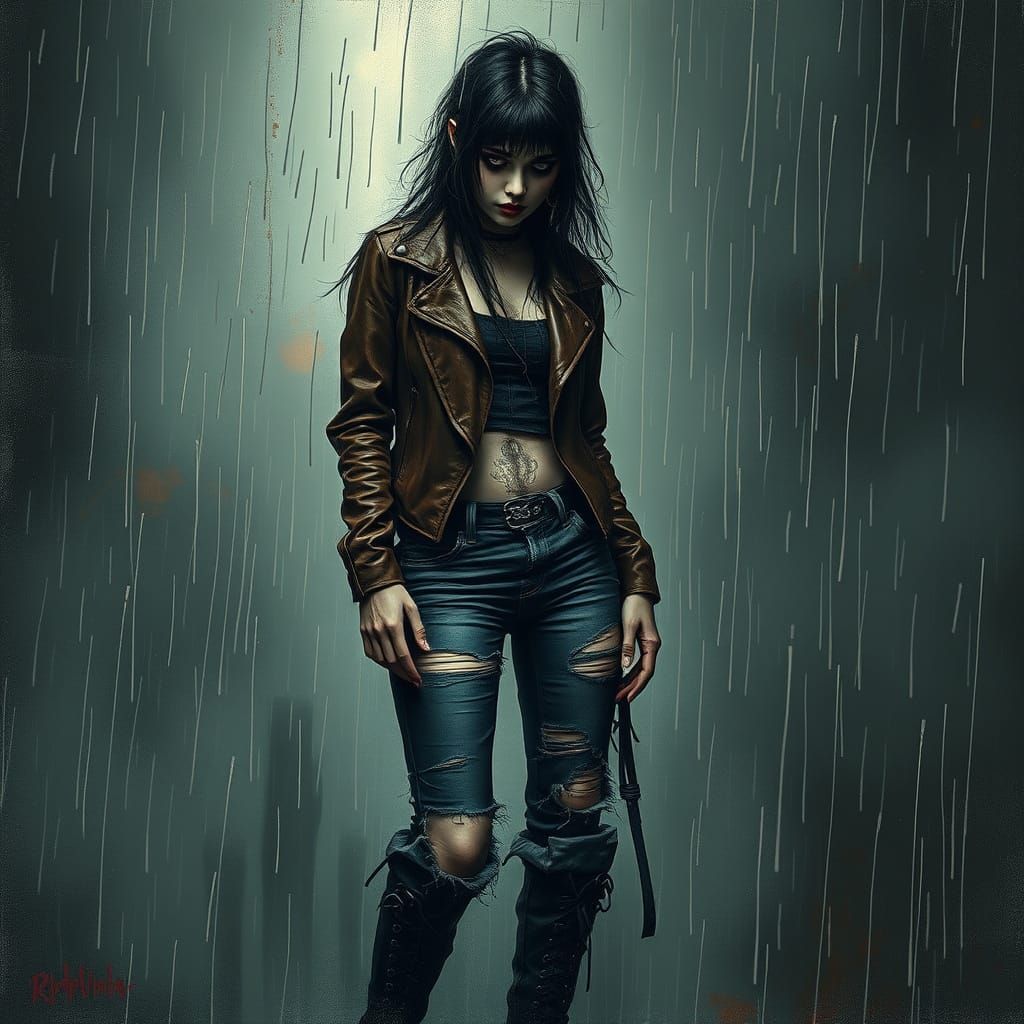 Gothic Grunge Goddess in Turbulent Rainstorm