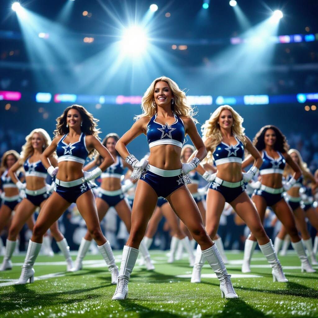 NFL Cheerleaders Dancing on Sidelines in Dynamic Lighting