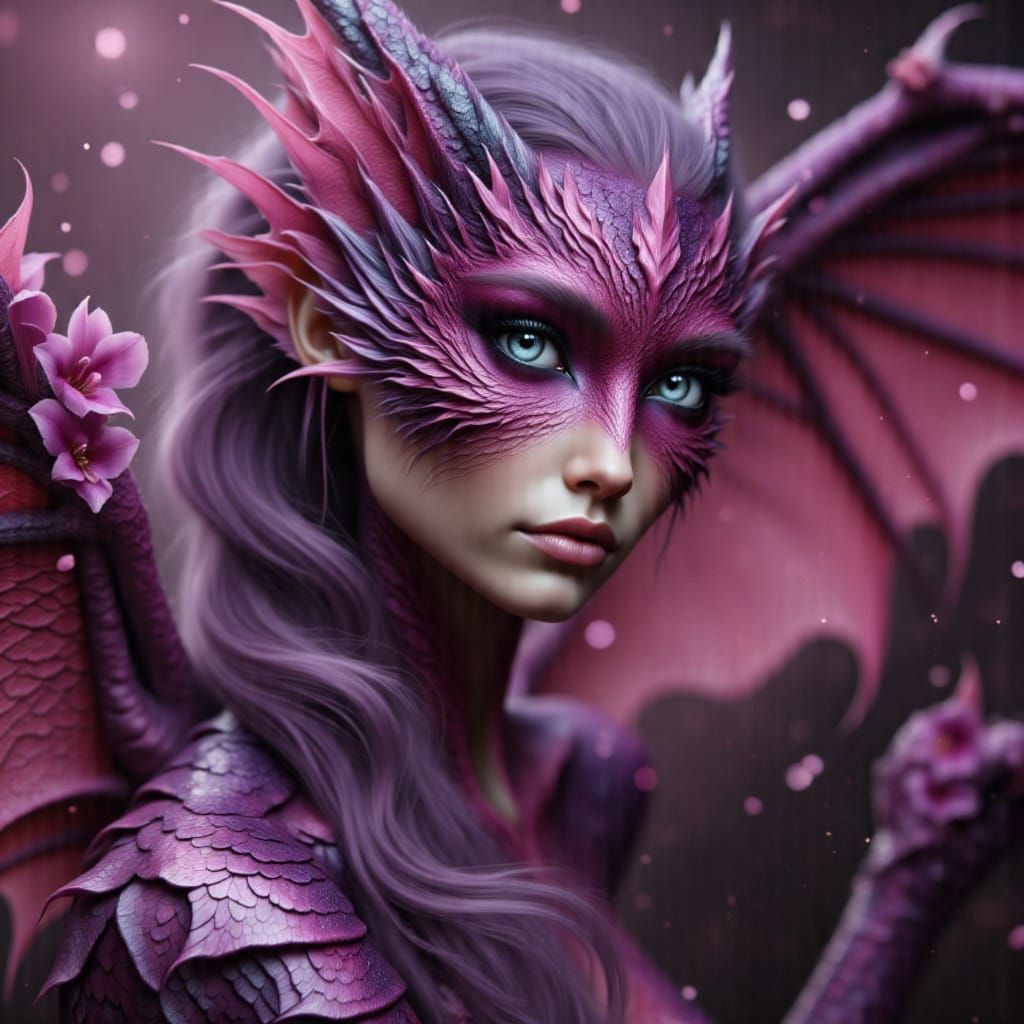 Magenta Dragon Woman with Fur and Scales