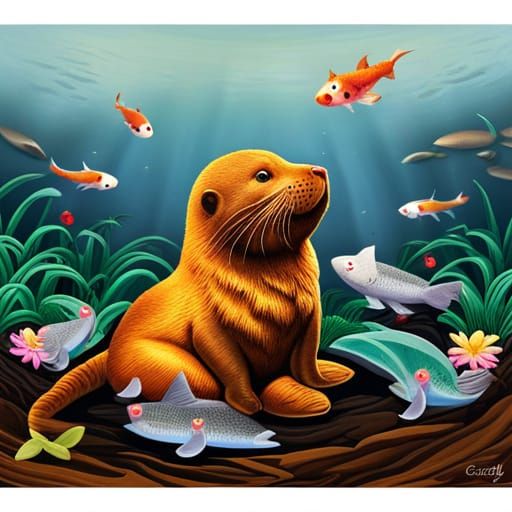 Baby Sea Lion with Koi Fish in Candyland Style