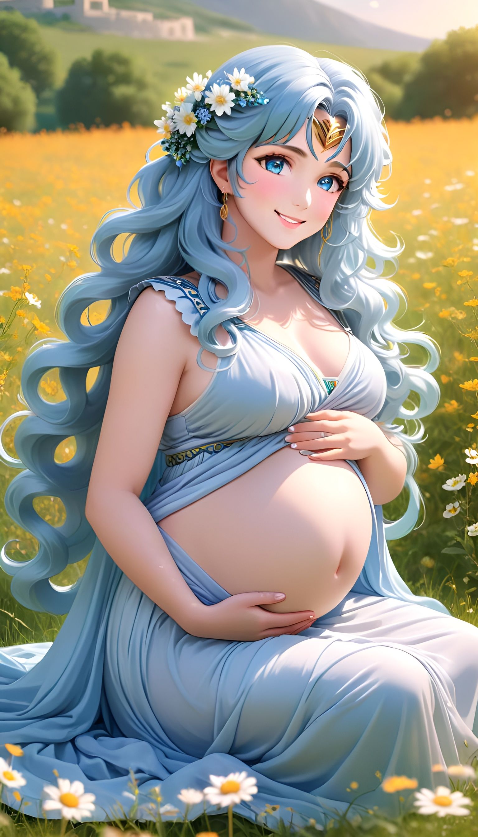 Elegant Pregnant Woman in Flowery Meadow