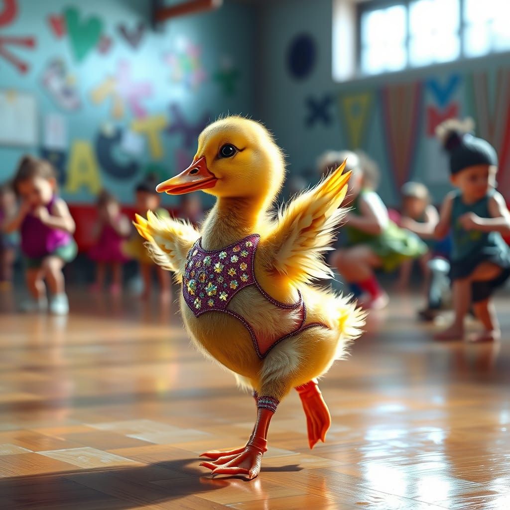 Duckling Dancer in Spangled Unitard, Hyperrealistic Style