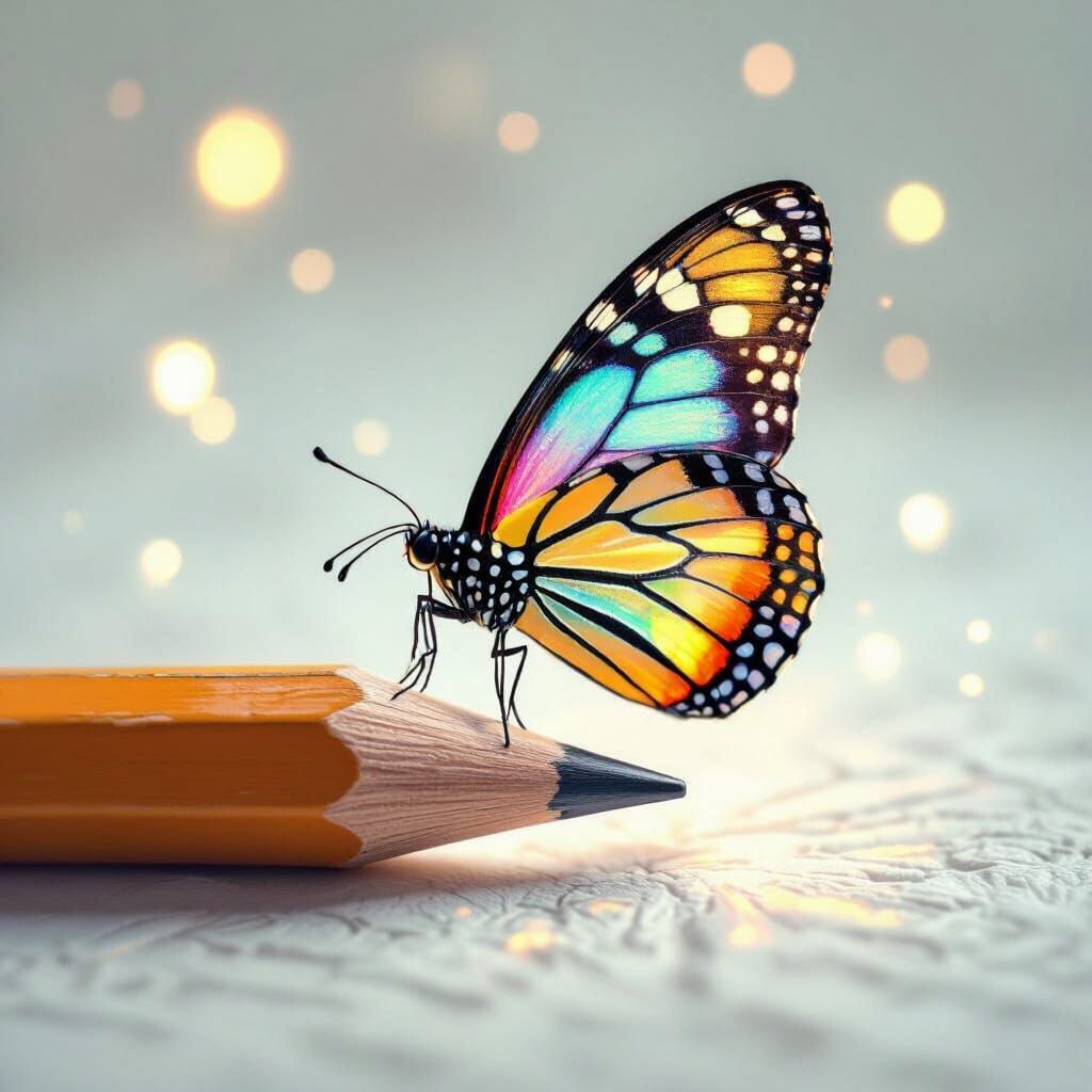 Butterfly Emerging From Pencil in Whimsical Illustration Sty...