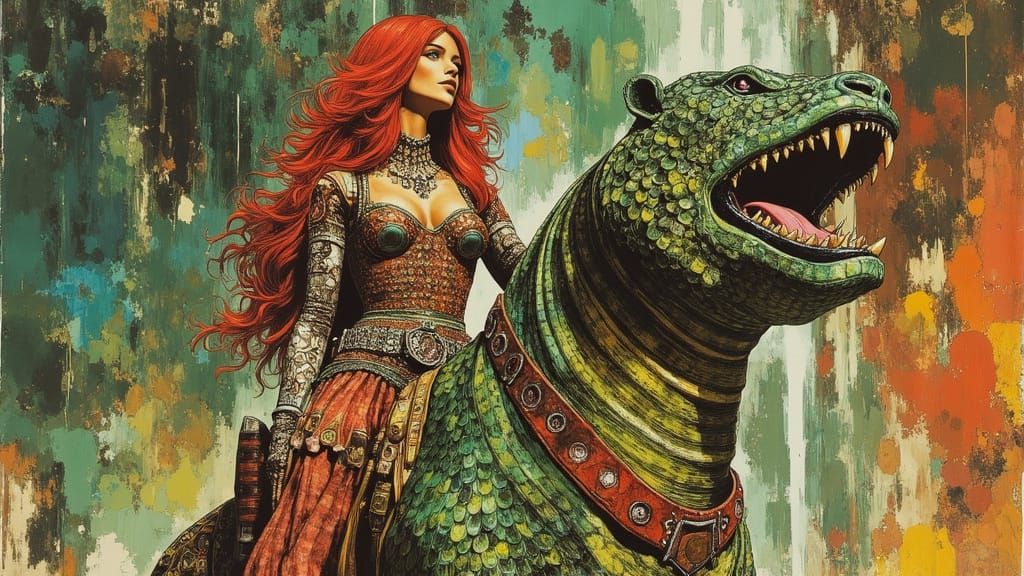 Ethereal Red Sonja Rides Mystical Tiger Through Dreamlike La...