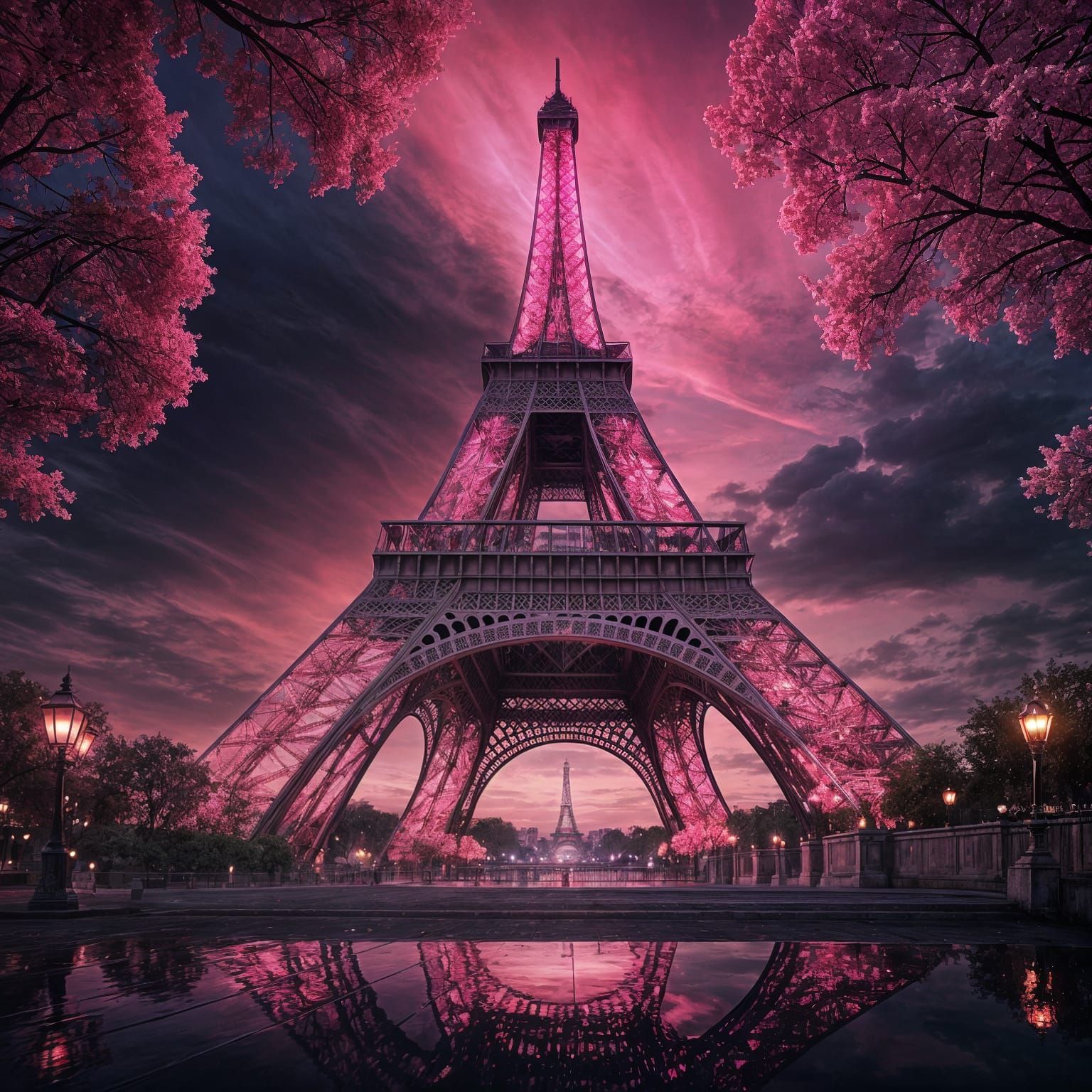 Eiffel Tower Lit with Pink Lights: Digital Painting