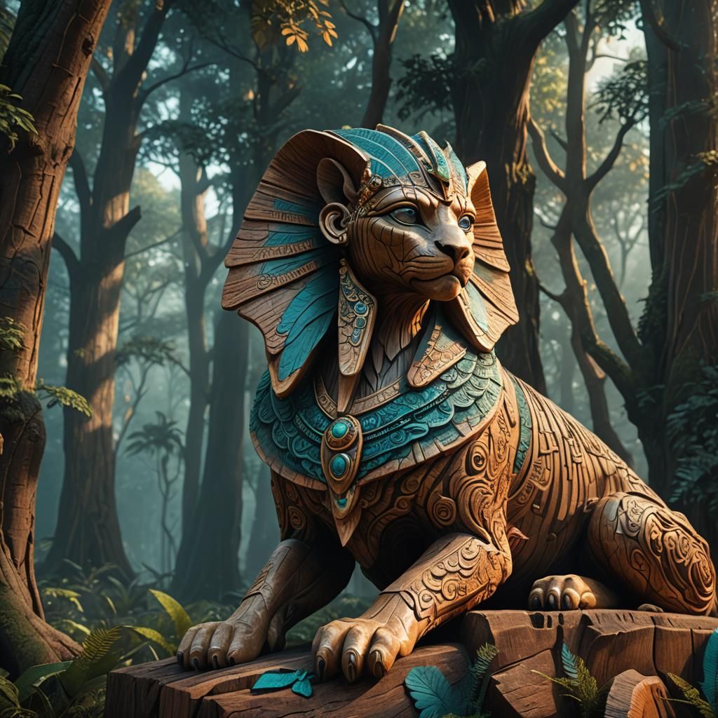 Ornate Wooden Sphinx in Mystical Forest