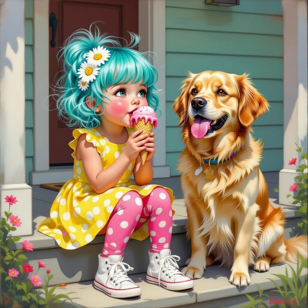 Quirky Girl and Dog Share Ice Cream on Sunny Porch