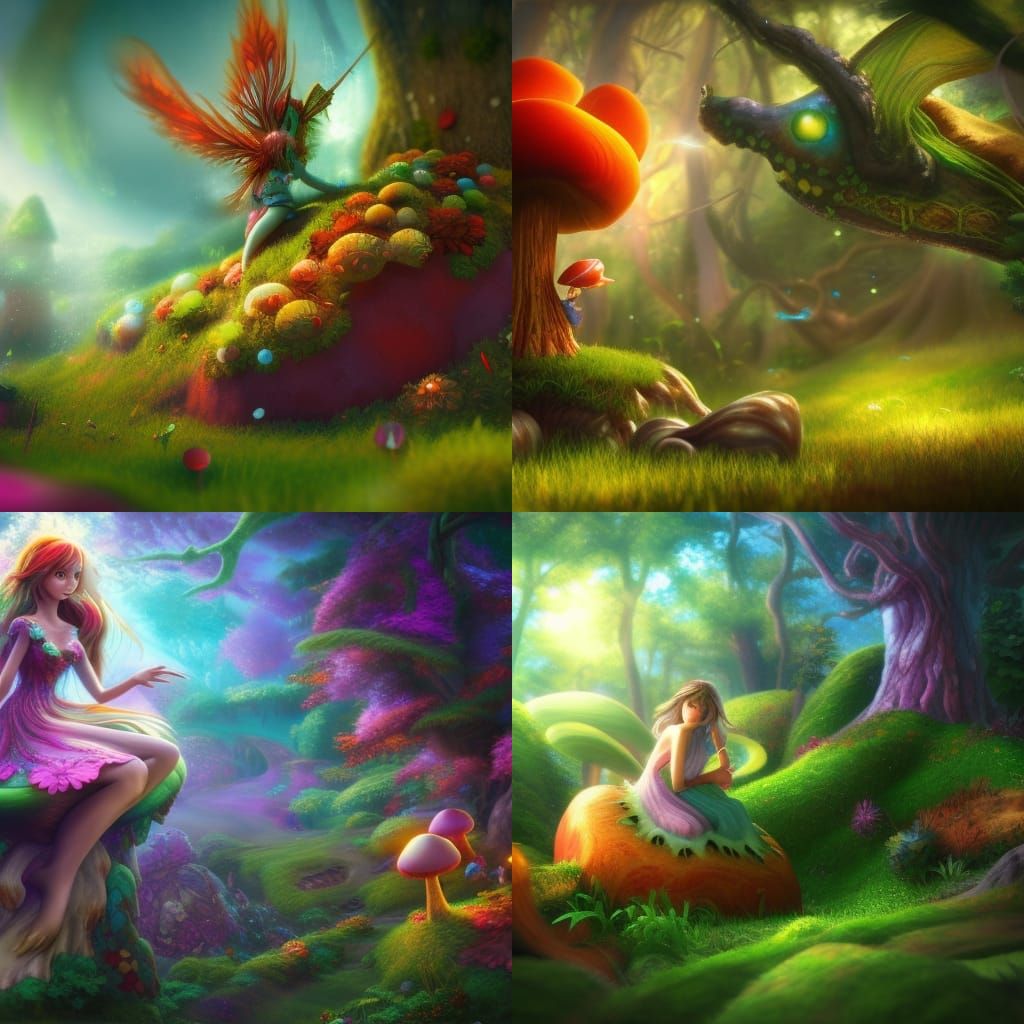 Fairy and Dragon in Giant Mushroom Field