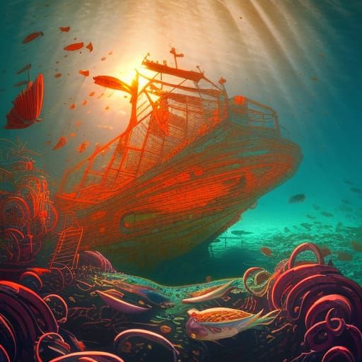 Underwater Shipwreck Scene in Detailed Digital Painting
