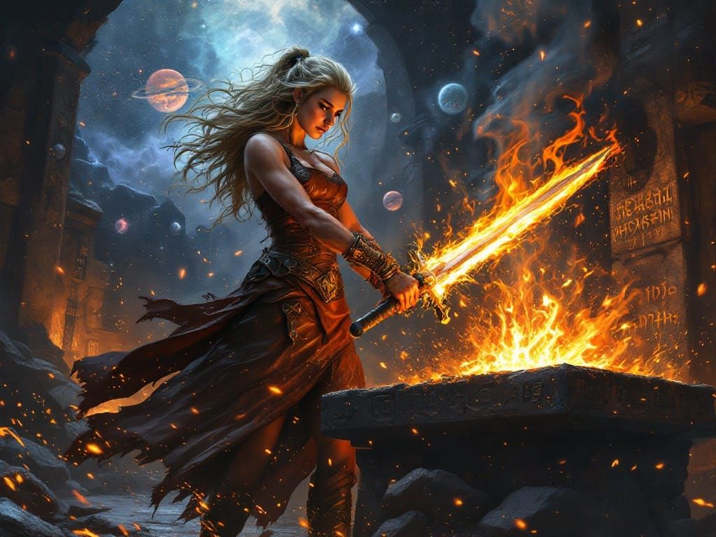 Forged in Celestial Fire, a Goddess Shaping the Divine Sword