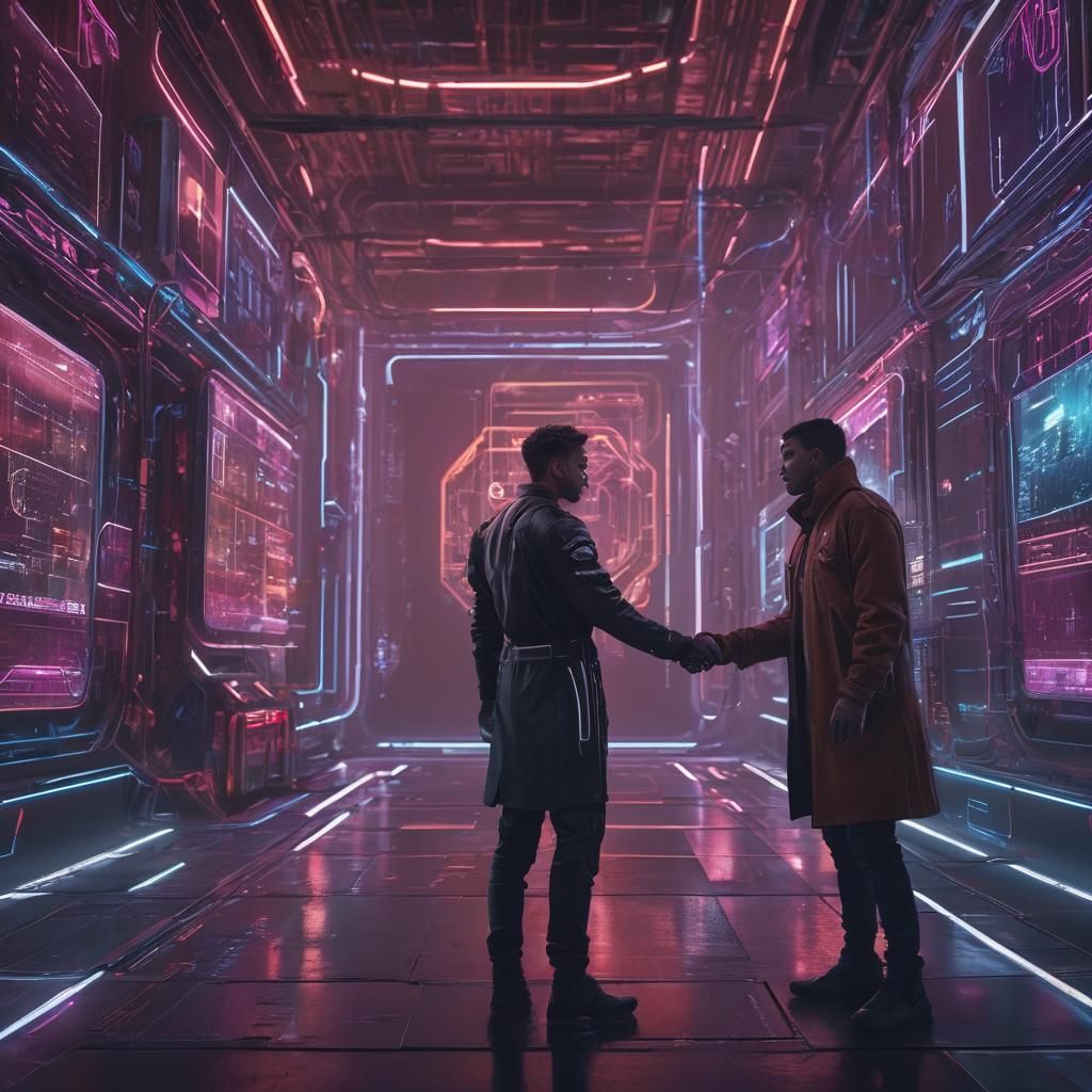 Seller and Buyer Handshake in Cyberpunk Cityscape