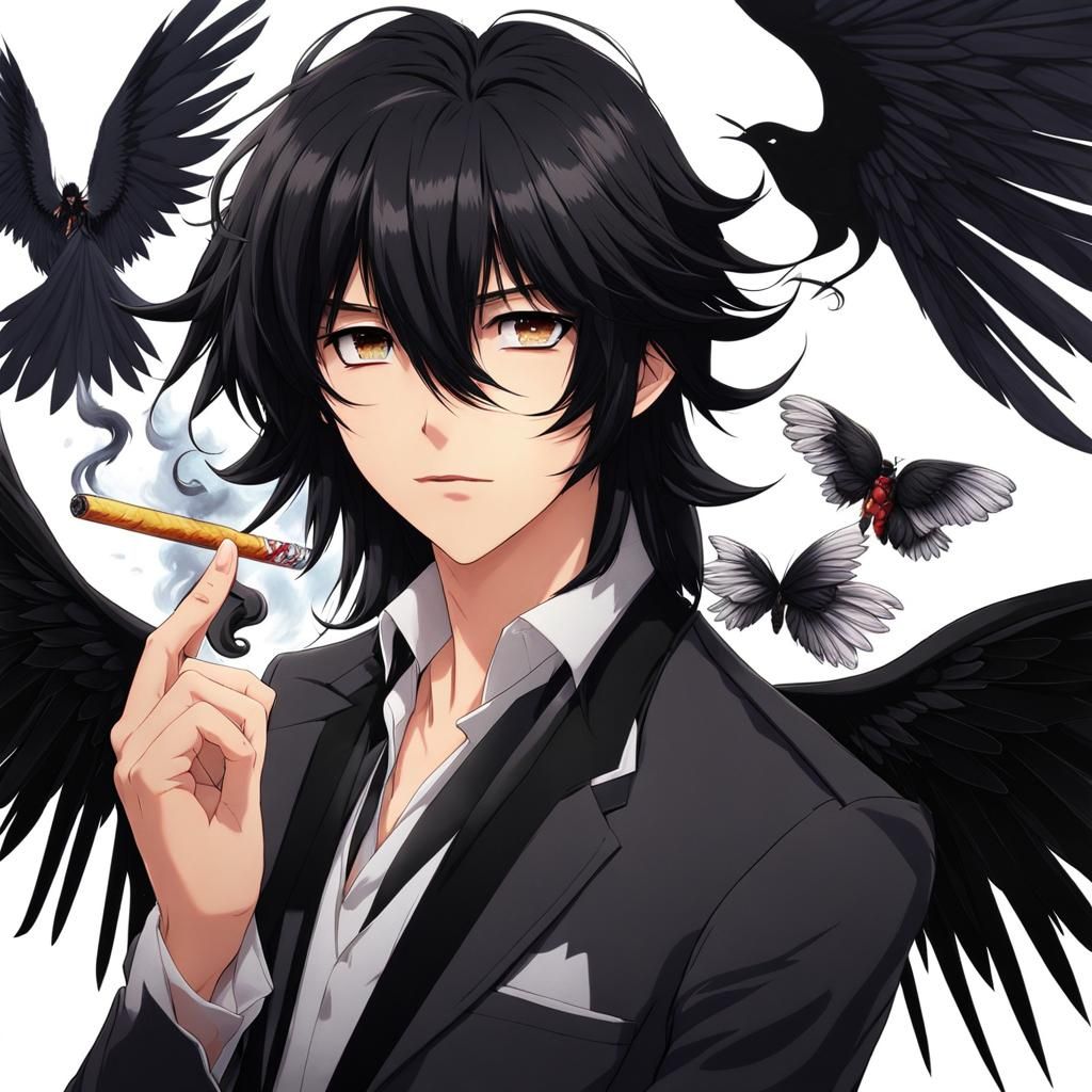 Anime-Style Boy with Black Wings and Cigarette