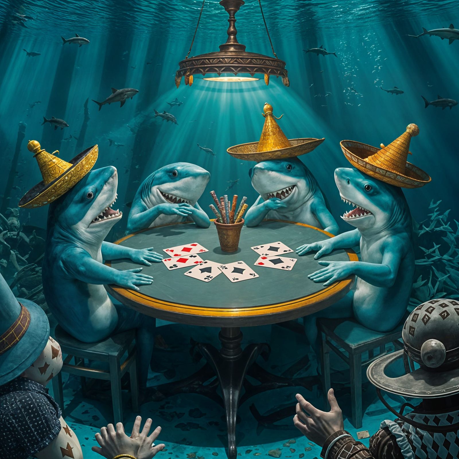 Sharks Playing Cards Undersea Wearing Sombreros