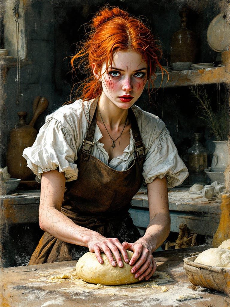 Redhead Baker with Fierce Blue Eyes in Bustling Kitchen