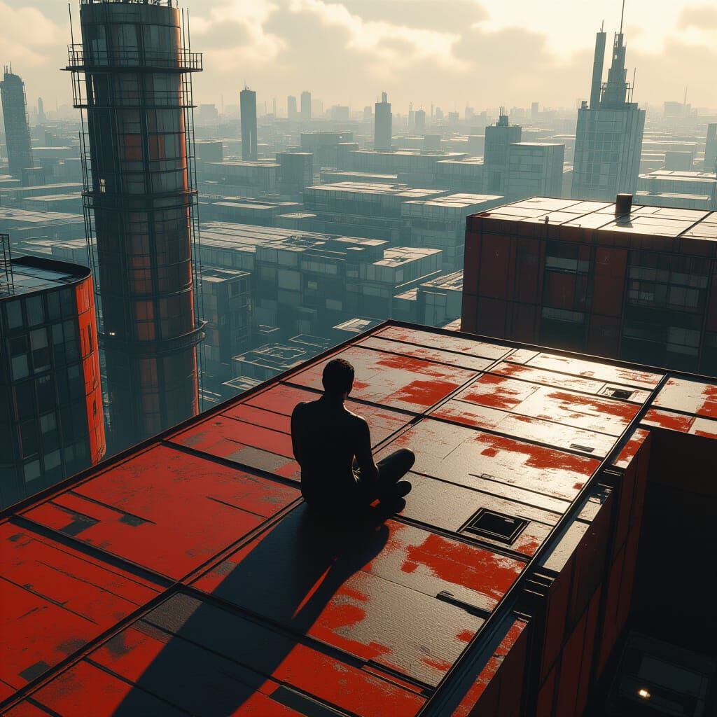 Figure on Rusty Rooftops: A Digital Matte Painting
