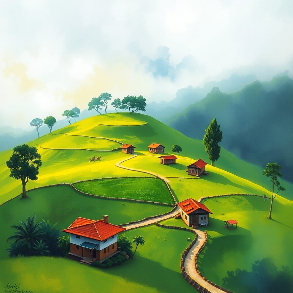Ooty Village in Watercolor Style