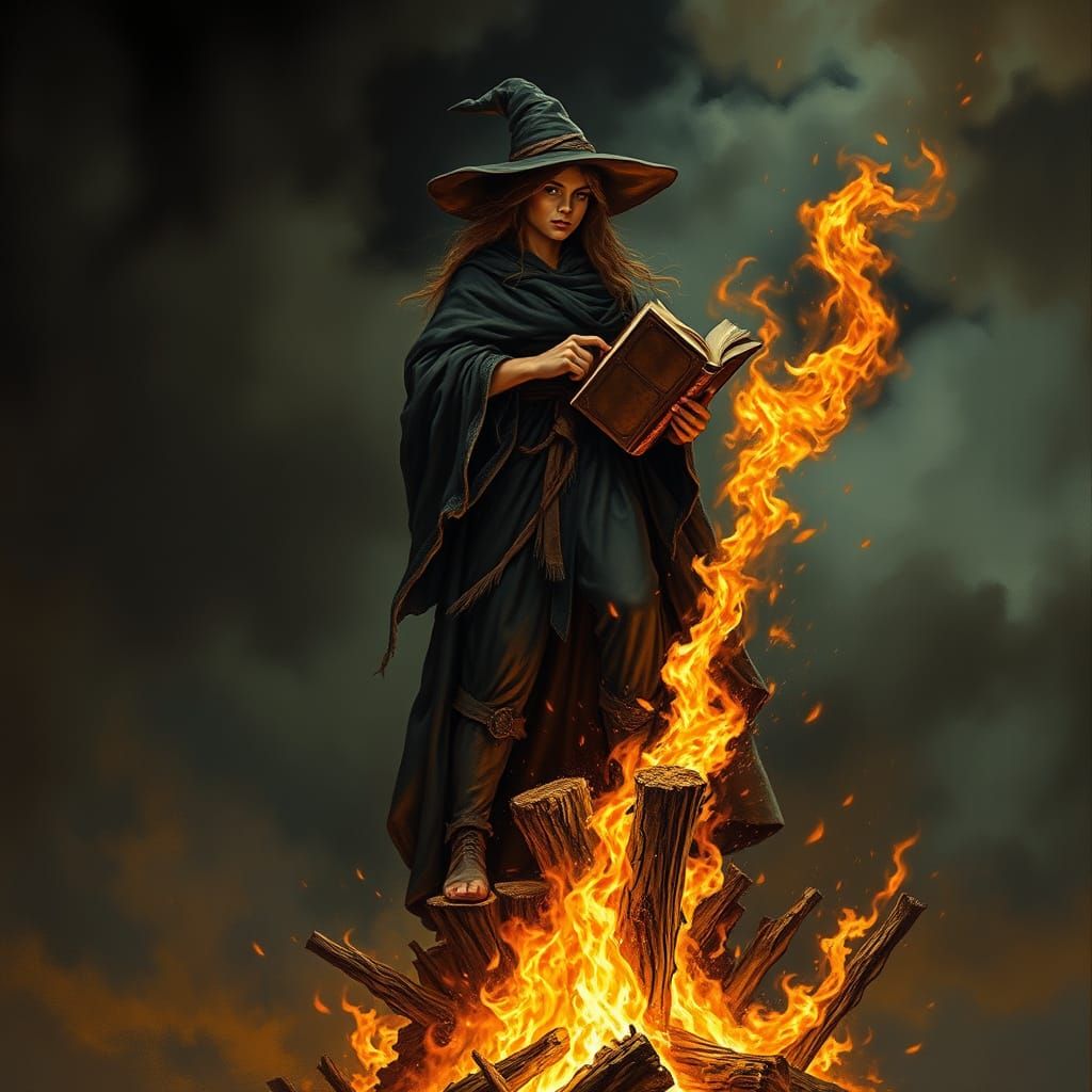 Surreal Witch Immolates in Fiery Inferno at Night