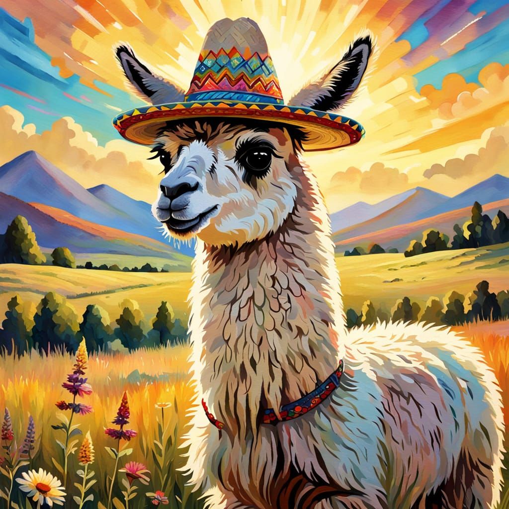 Llama in Sombrero: Impressionist Folk Art Portrait