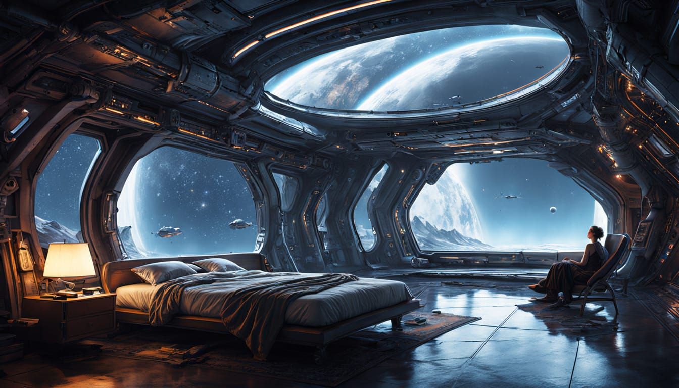 Intimate Love Nest on Futuristic Space Station in Cyberpunk....