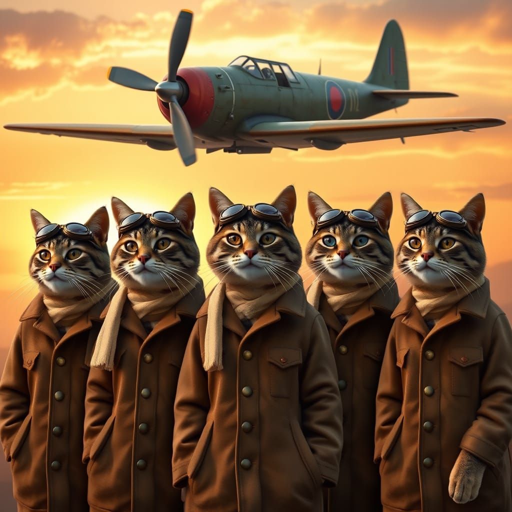 Dapper Feline Pilots Stand Proud at Sunset